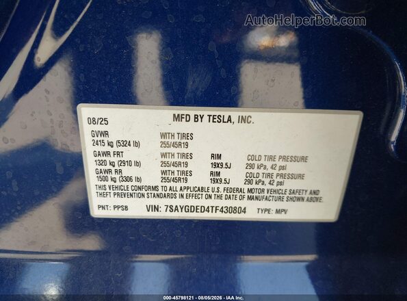 7SAYGDED4TF430804 2026 TESLA MODEL Y Blue Engine compartment view