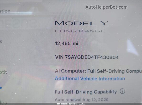 7SAYGDED4TF430804 2026 TESLA MODEL Y Blue 