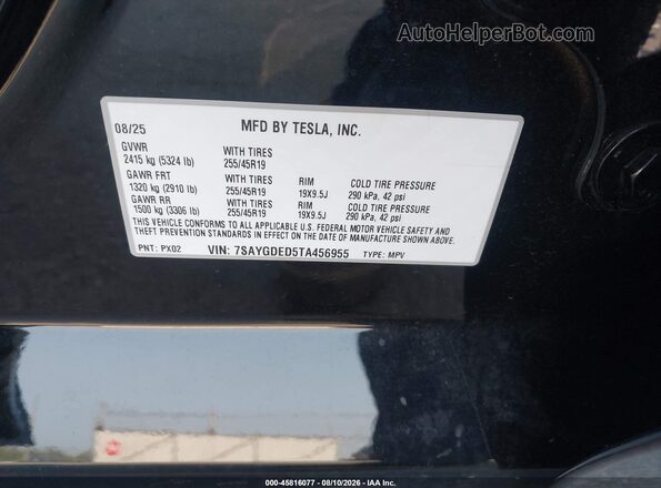 7SAYGDED5TA456955 2026 TESLA MODEL Y Black ძრავის განყოფილების ხედი