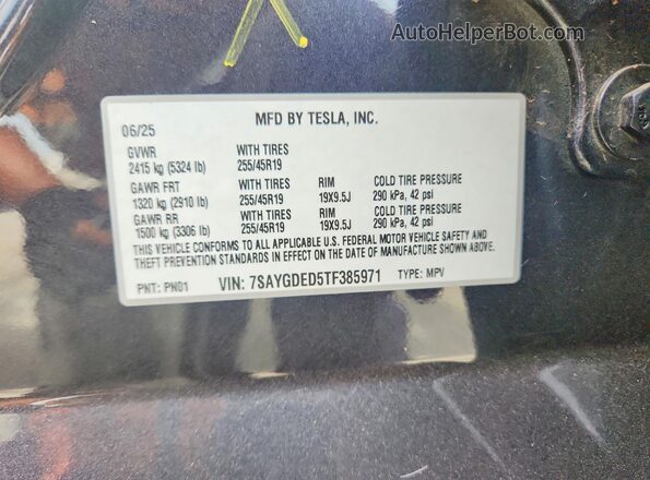 7SAYGDED5TF385971 2026 TESLA MODEL Charcoal Вид наклейки з VIN-кодом