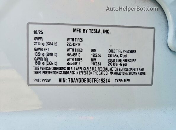 7SAYGDED5TF519314 2026 TESLA MODEL White Engine compartment view