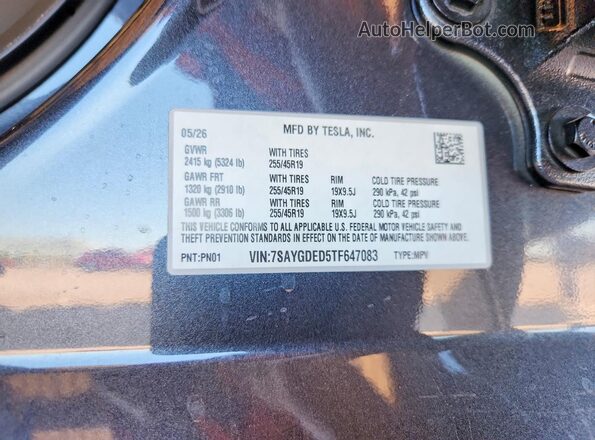 7SAYGDED5TF647083 2026 TESLA MODEL Charcoal Widok naklejki z numerem VIN