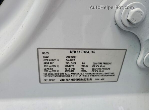 7SAYGDED6RA326191 2024 TESLA MODEL White Widok naklejki z numerem VIN