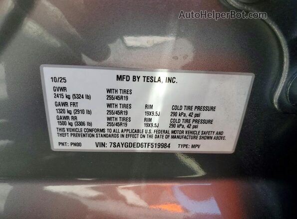 7SAYGDED6TF519984 2026 TESLA MODEL Silver Vista de la etiqueta del VIN