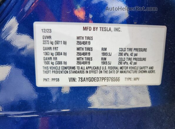 7SAYGDED7PF976566 2023 TESLA MODEL Blue სალონის 360-გრადუსიანი ხედი