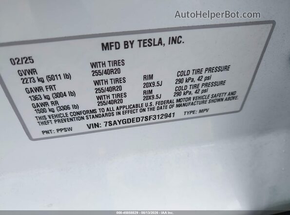 7SAYGDED7SF312941 2025 TESLA MODEL Y Белый Вид подкапотного пространства