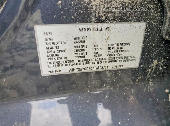 7SAYGDED7TA598711 2026 TESLA MODEL Charcoal ძრავის განყოფილების ხედი