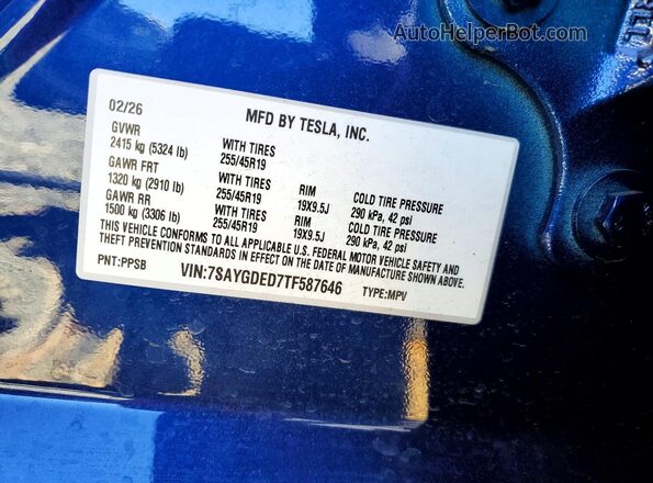 7SAYGDED7TF587646 2026 TESLA MODEL Blue VIN կոդի պիտակի տեսք