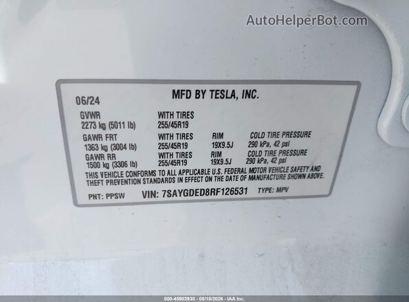 7SAYGDED8RF126531 2024 TESLA MODEL Y White ძრავის განყოფილების ხედი