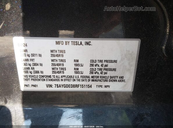 7SAYGDED8RF151154 2024 TESLA MODEL Y Черный Вид подкапотного пространства