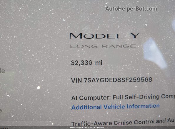 7SAYGDED8SF259568 2025 TESLA MODEL Y Серый Вид задних сидений