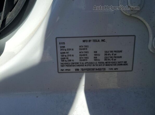 7SAYGDED8TA450728 2026 TESLA MODEL White Vista de la etiqueta del VIN