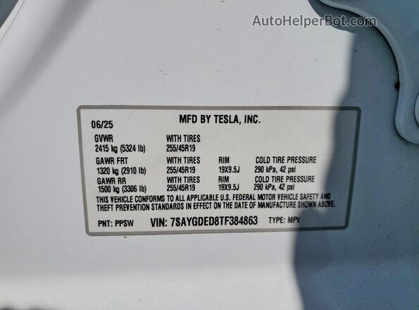 7SAYGDED8TF384863 2026 TESLA MODEL White Շարժիչի բաժամունքի տեսք