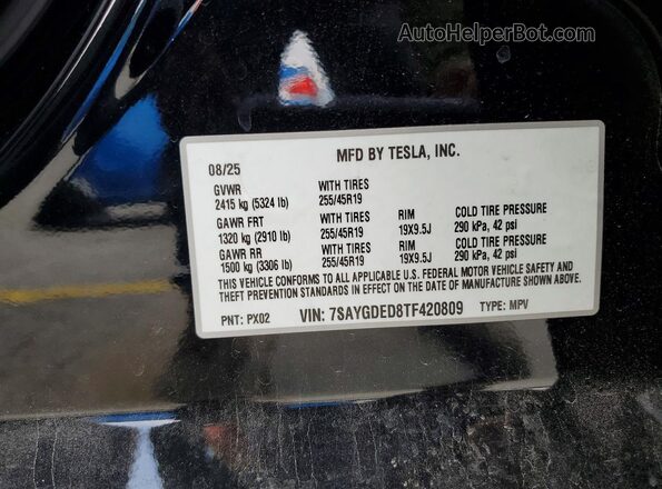 7SAYGDED8TF420809 2026 TESLA MODEL Black Widok naklejki z numerem VIN