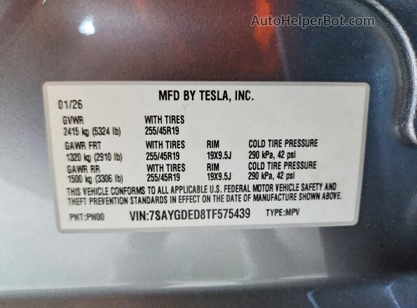 7SAYGDED8TF575439 2026 TESLA MODEL Gray VIN კოდის სტიკერის ხედი