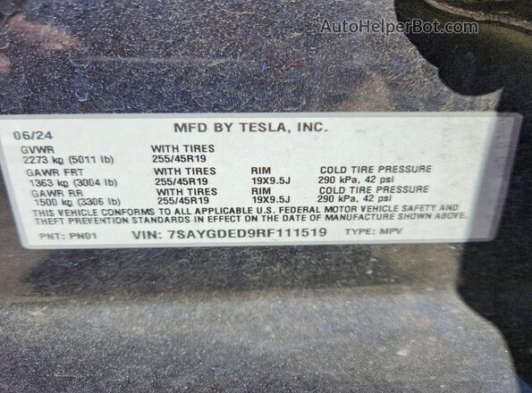 7SAYGDED9RF111519 2024 TESLA MODEL Charcoal Engine compartment view