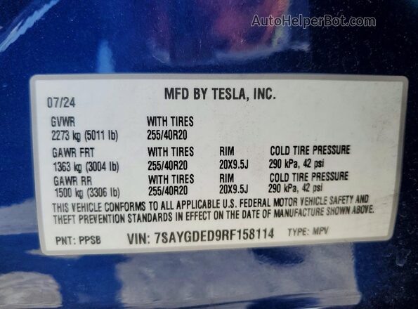 7SAYGDED9RF158114 2024 TESLA MODEL Blue Vista de la etiqueta del VIN