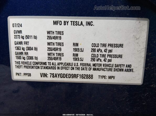 7SAYGDED9RF162888 2024 TESLA MODEL Y Blue Widok komory silnika