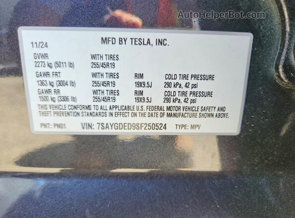 7SAYGDED9SF250524 2025 TESLA MODEL Серый Вид наклейки с VIN-кодом
