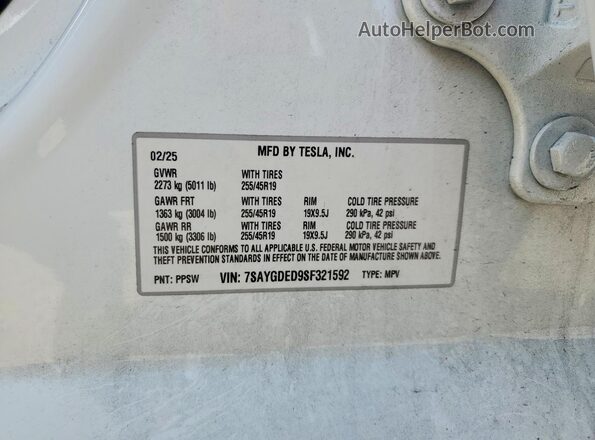 7SAYGDED9SF321592 2025 TESLA MODEL Белый Вид наклейки с VIN-кодом