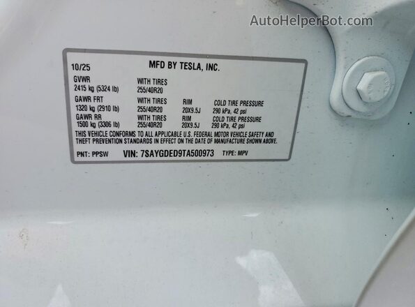 7SAYGDED9TA500973 2026 TESLA MODEL White Вид підкапотного простору