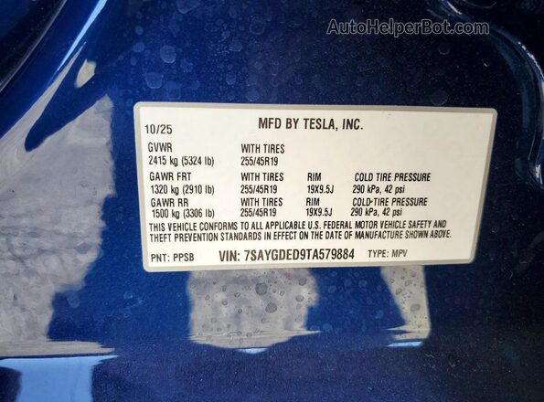 7SAYGDED9TA579884 2026 TESLA MODEL Blue Vista de la etiqueta del VIN
