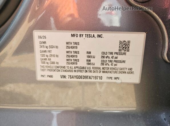 7SAYGDED9TA719710 2026 TESLA MODEL Charcoal VIN sticker view