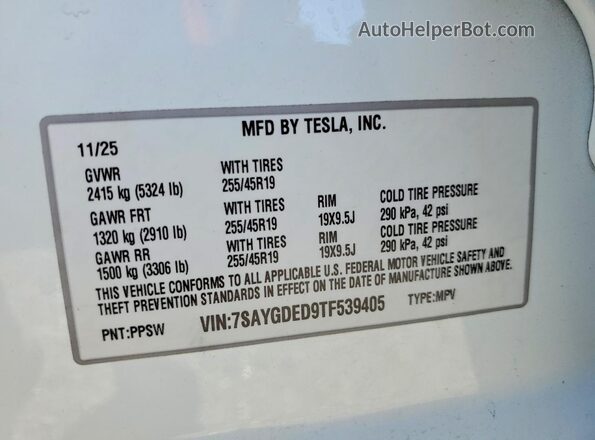 7SAYGDED9TF539405 2026 TESLA MODEL White Вид підкапотного простору