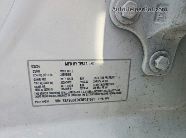 7SAYGDEDXRF041691 2024 TESLA MODEL White VIN კოდის სტიკერის ხედი