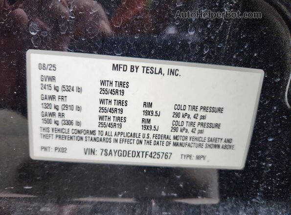 7SAYGDEDXTF425767 2026 TESLA MODEL Black Вид наклейки з VIN-кодом