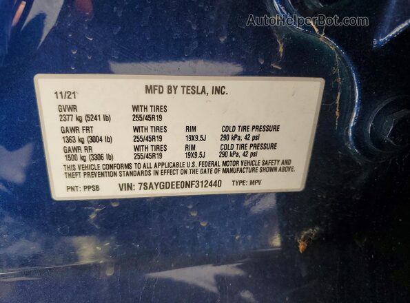 7SAYGDEE0NF312440 2022 TESLA MODEL Blue Սալոնի 360 աստիճան տեսք