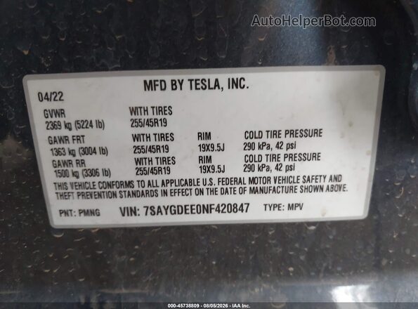 7SAYGDEE0NF420847 2022 TESLA MODEL Y Серый Вид подкапотного пространства