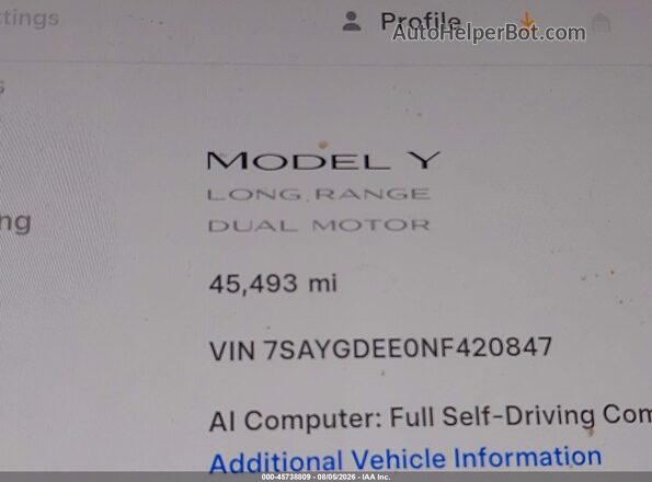 7SAYGDEE0NF420847 2022 TESLA MODEL Y Серый Панорамный вид салона 360°