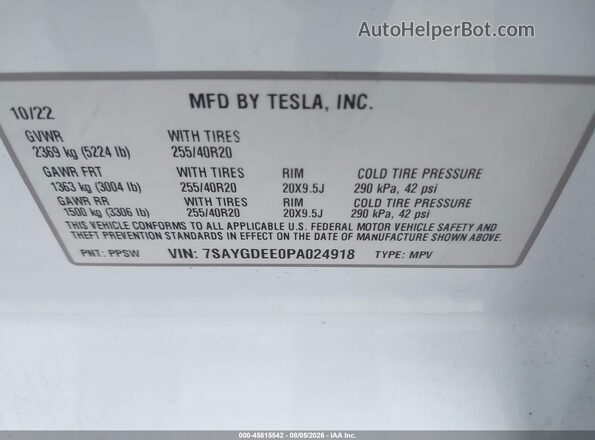 7SAYGDEE0PA024918 2023 TESLA MODEL Y White ძრავის განყოფილების ხედი