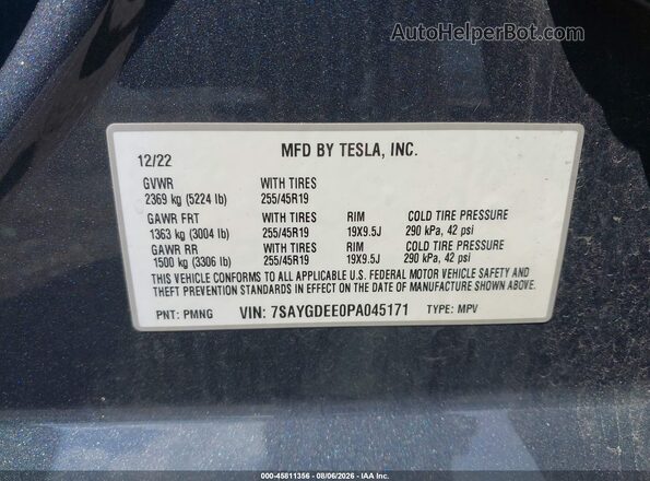 7SAYGDEE0PA045171 2023 TESLA MODEL Y Серый Вид подкапотного пространства