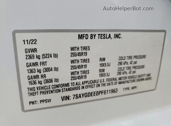 7SAYGDEE0PF611963 2023 TESLA MODEL White 