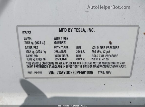 7SAYGDEE0PF691006 2023 TESLA MODEL Y White Շարժիչի բաժամունքի տեսք