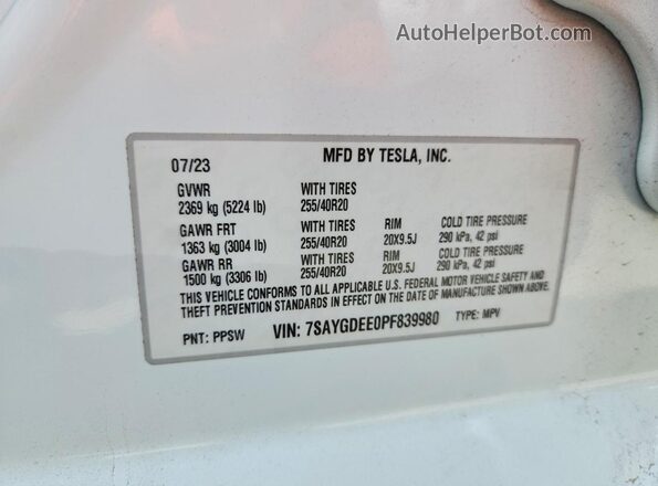 7SAYGDEE0PF839980 2023 TESLA MODEL White VIN կոդի պիտակի տեսք