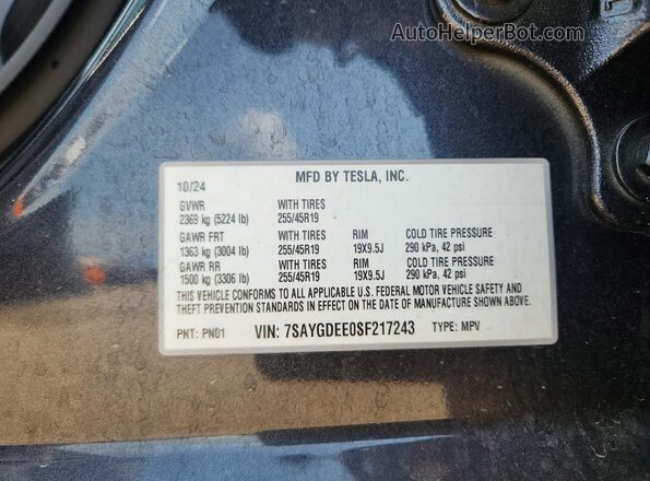7SAYGDEE0SF217243 2025 TESLA MODEL Серый Вид наклейки с VIN-кодом