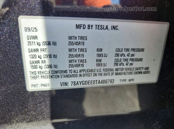 7SAYGDEE0TA486793 2026 TESLA MODEL Charcoal Vista de la etiqueta del VIN
