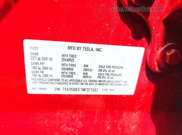 7SAYGDEE1NF321583 2022 TESLA MODEL Red Engine compartment view