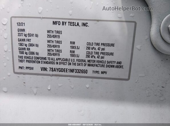 7SAYGDEE1NF332650 2022 TESLA MODEL Y White Engine compartment view