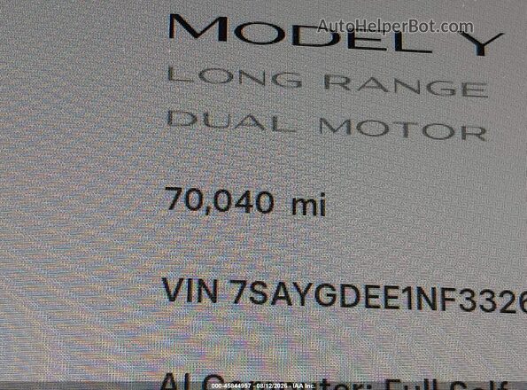 7SAYGDEE1NF332650 2022 TESLA MODEL Y White 