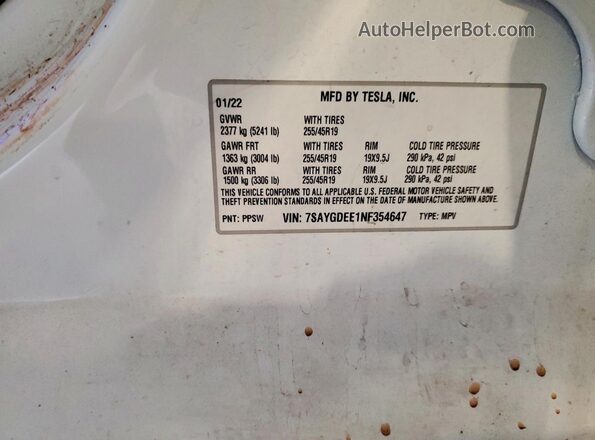 7SAYGDEE1NF354647 2022 TESLA MODEL White Вид підкапотного простору