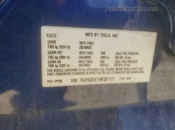 7SAYGDEE1NF387177 2022 TESLA MODEL Blue Vista de la etiqueta del VIN