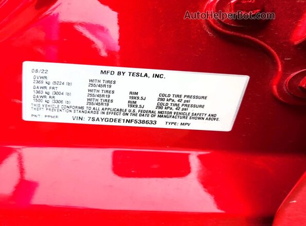 7SAYGDEE1NF538633 2022 TESLA MODEL Красный 
