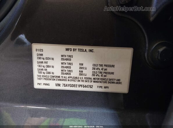 7SAYGDEE1PF644762 2023 TESLA MODEL Y Gray Widok komory silnika