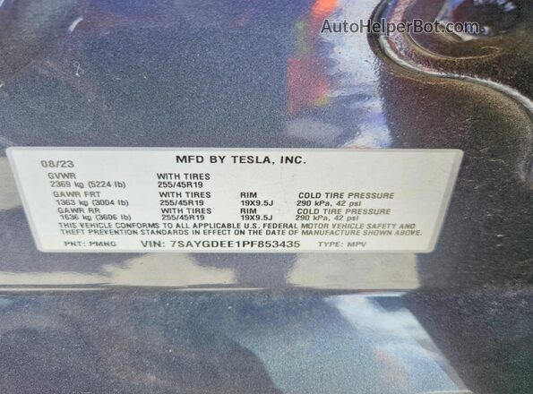 7SAYGDEE1PF853435 2023 TESLA MODEL Gray VIN კოდის სტიკერის ხედი