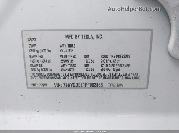 7SAYGDEE1PF962865 2023 TESLA MODEL Y White Շարժիչի բաժամունքի տեսք