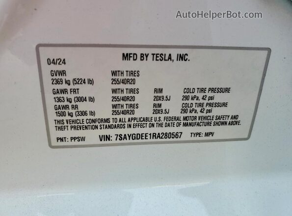 7SAYGDEE1RA280567 2024 TESLA MODEL Белый Вид подкапотного пространства